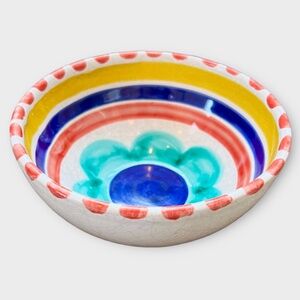 Vintage DeSimone Hand-Painted Ceramic Flower and Stripes Bowl